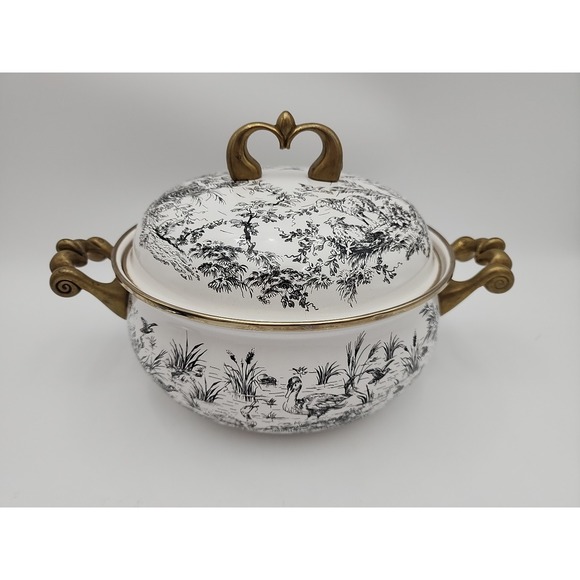 Tabletops Unlimited Pot with Lid Brass In English Toile Enameled Pattern 9"x 5" - Picture 3 of 16